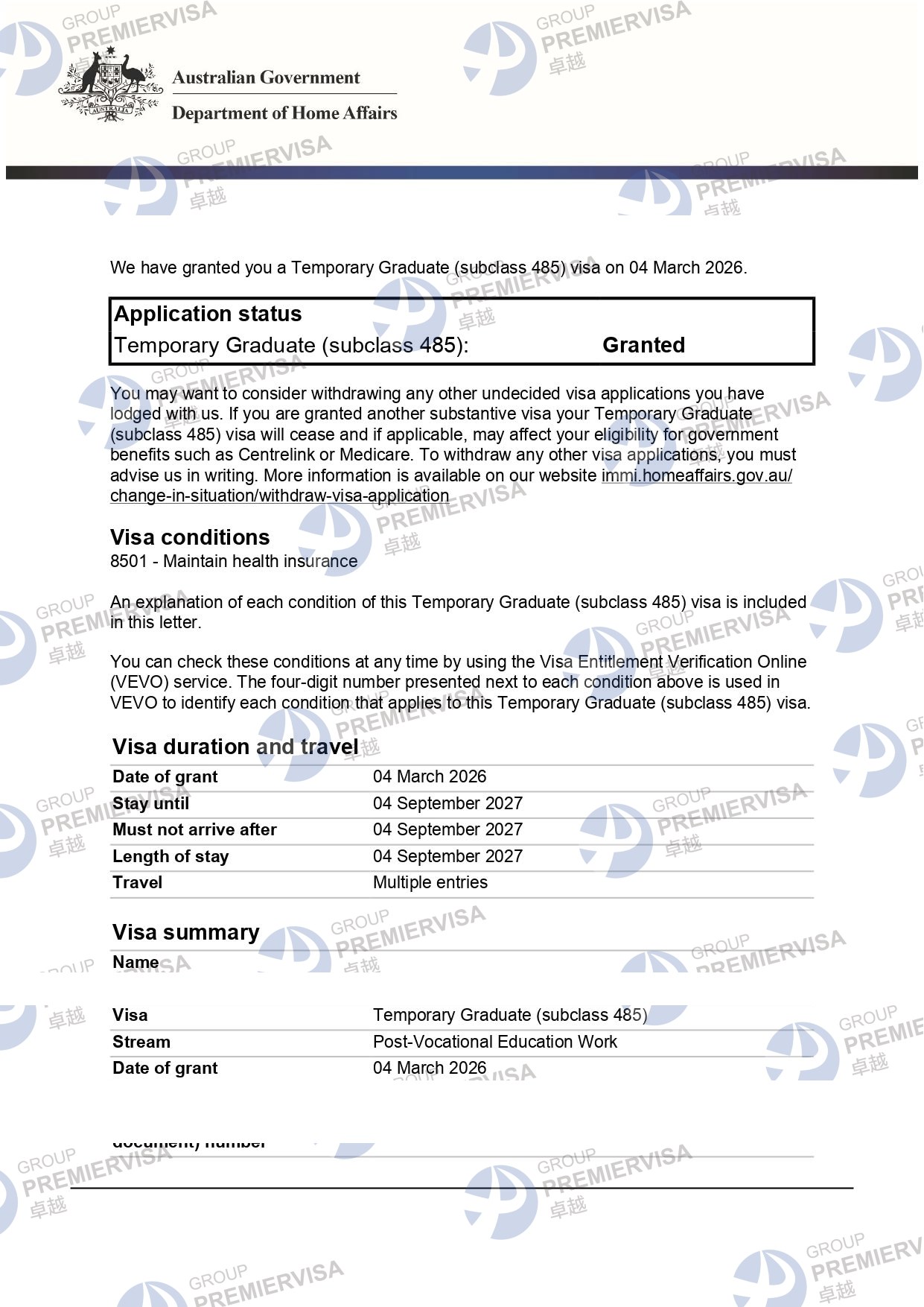 澳洲485临时毕业生签证批文图片|卓越移民