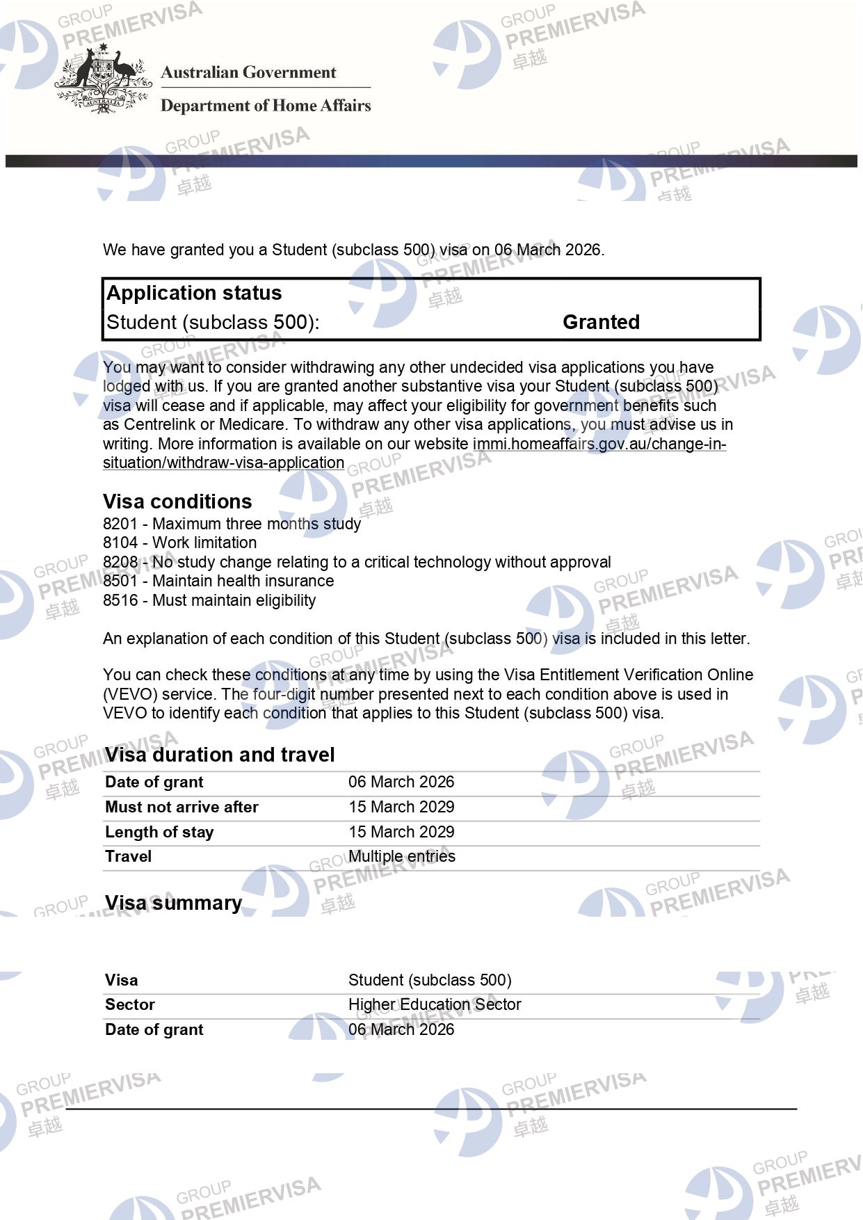澳洲500学生签证批文图片|卓越移民