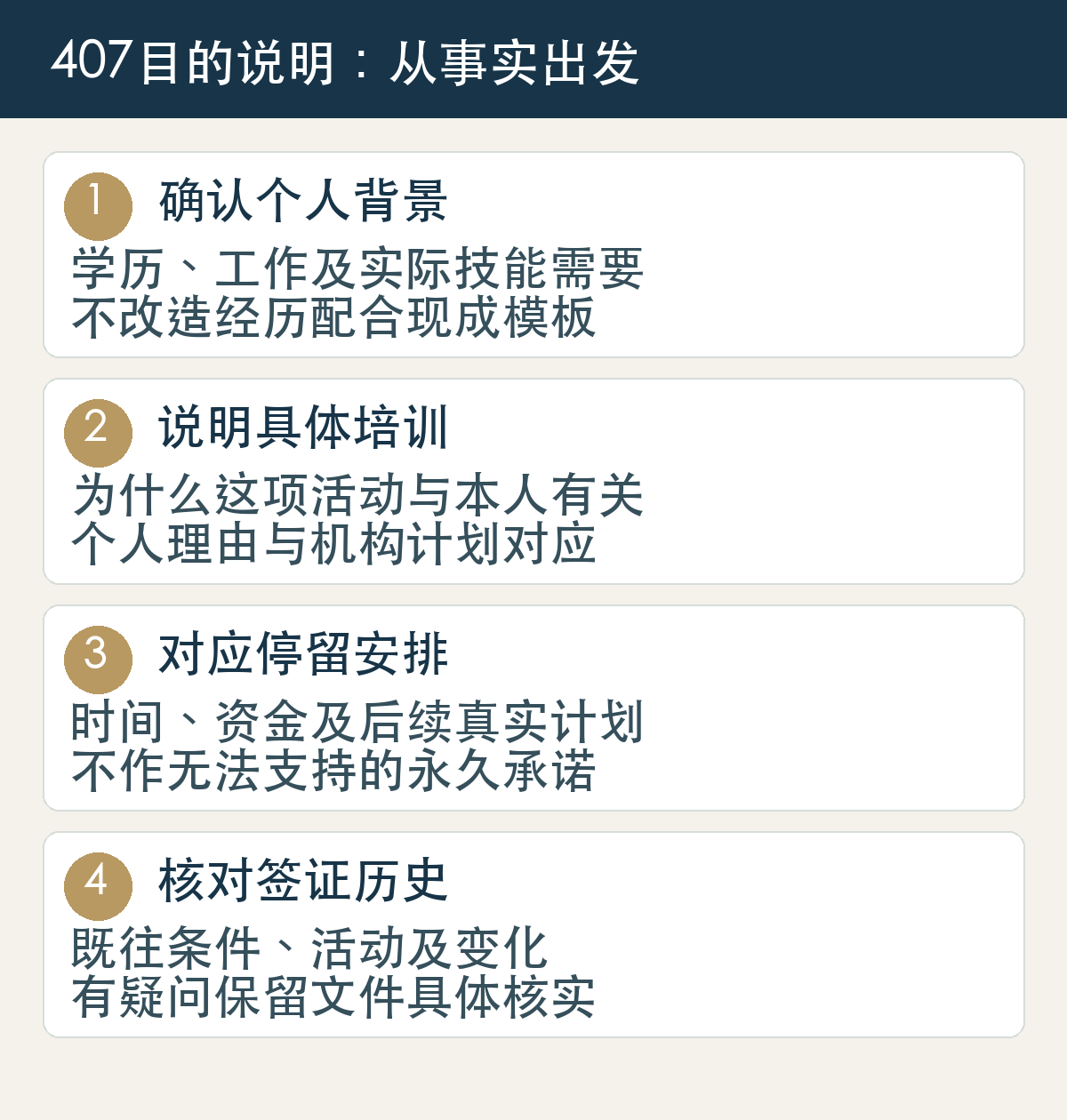 407临时培训目的四步:确认个人背景、说明具体培训、对应停留安排、核对签证历史