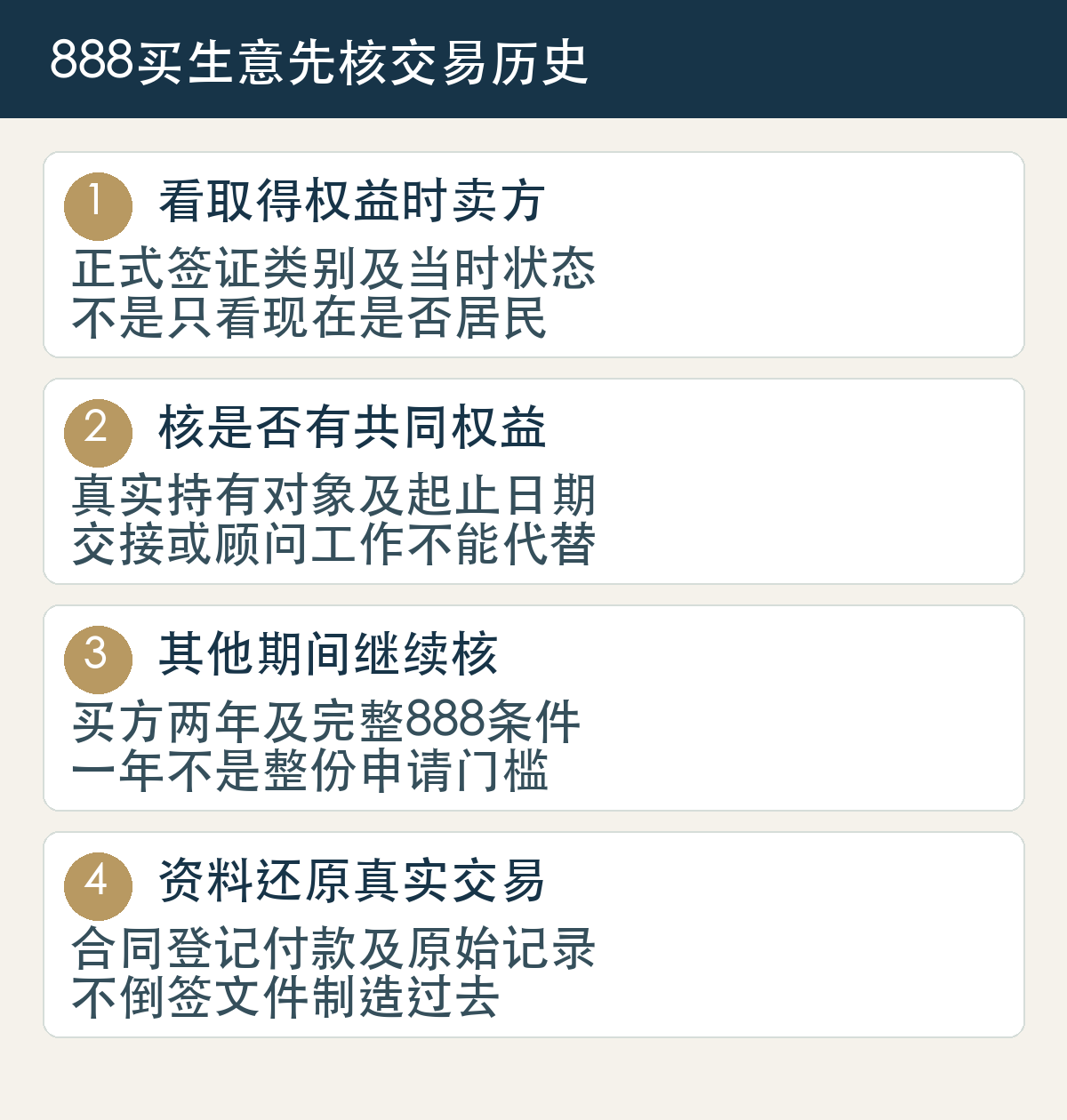 看取得权益时卖方:正式签证类别及当时状态,不是只看现在是否居民;核是否有共同权益:真实持有对象及起止日期,交接或顾问工作不能代替;其他期间继续核:买方两年及完整888条件,一年不是整份申请门槛;资料还原真实交易:合同登记付款及原始记录,不倒签文件制造过去