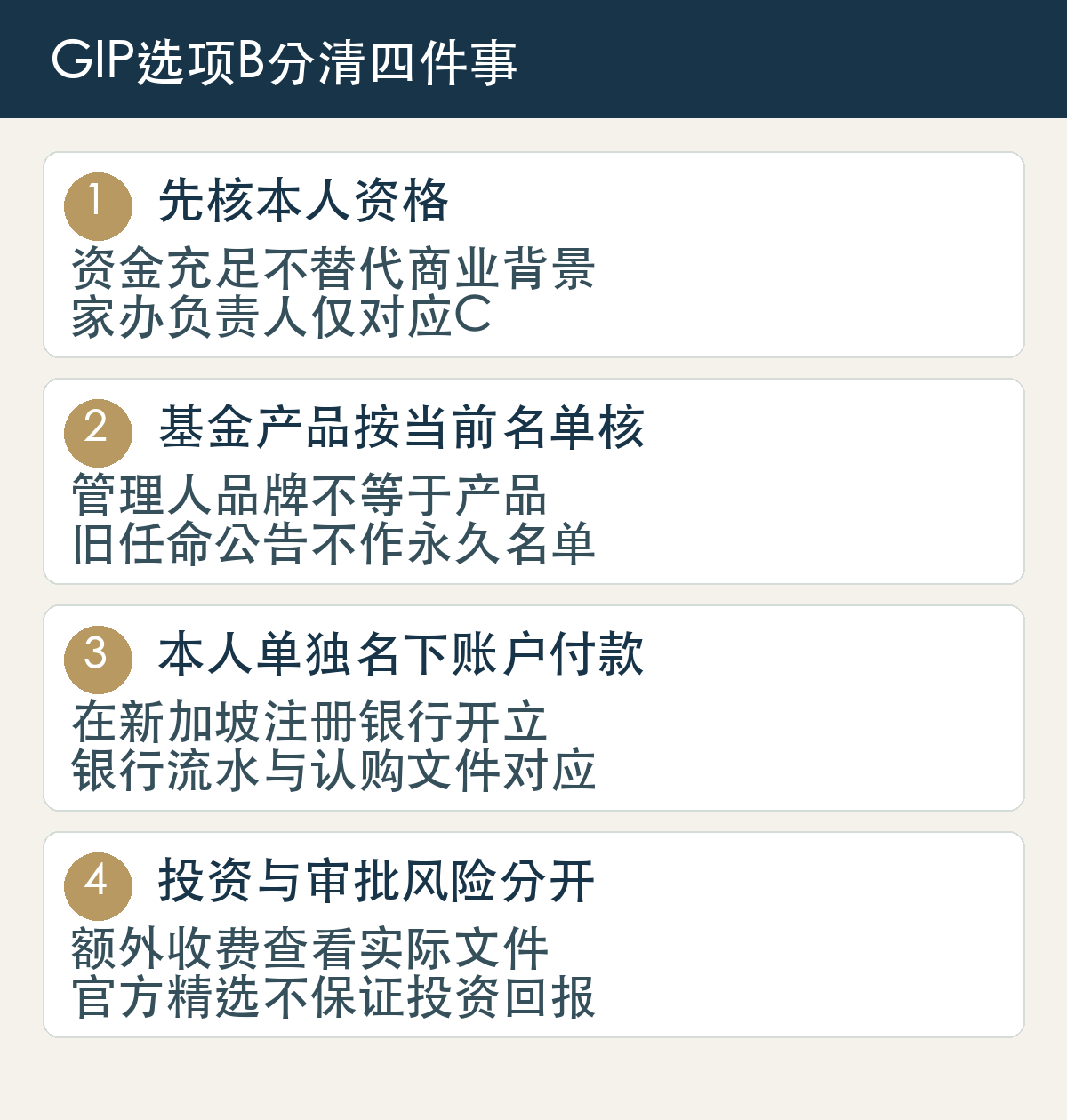 先核本人资格,资金充足不替代商业背景,家办负责人仅对应C;基金产品按当前名单核,管理人品牌不等于产品,旧任命公告不作永久名单;本人单独名下账户付款,在新加坡注册银行开立,银行流水与认购文件对应;投资与审批风险分开,额外收费查看实际文件,官方精选不保证投资回报